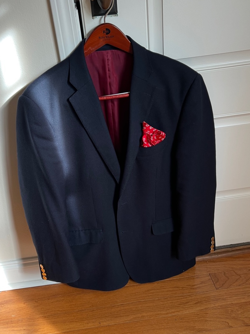 Classic Men's Navy Blazer with Red Pocket Square